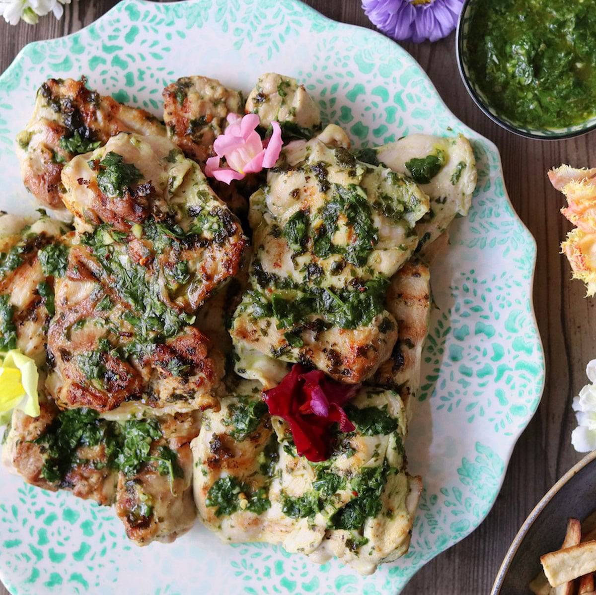 Pan fried chicken thighs with chimichurri