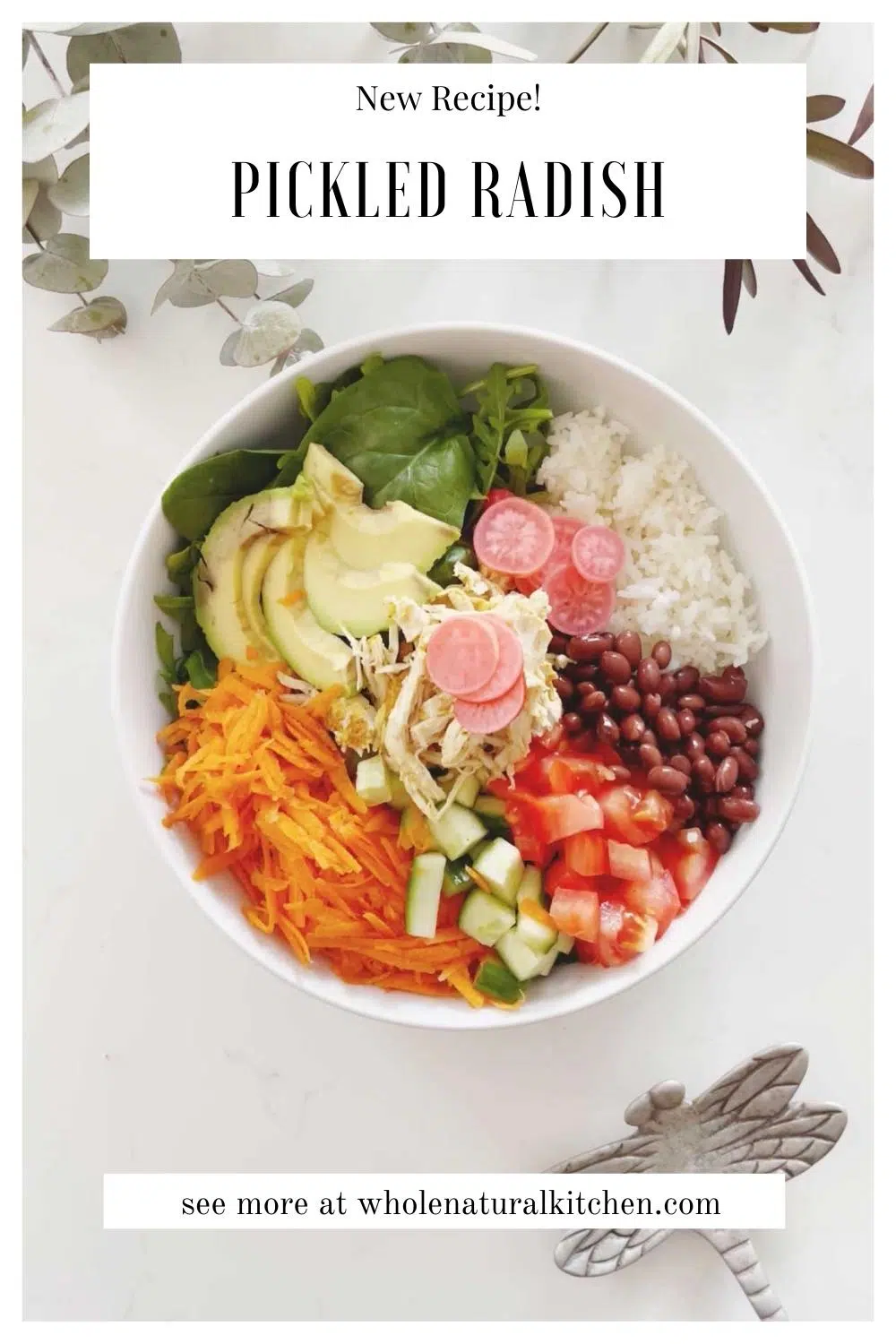 Pinterest Poster with the recipe name at the top, website name below and pickled radishes on a grain bowl in the middle.