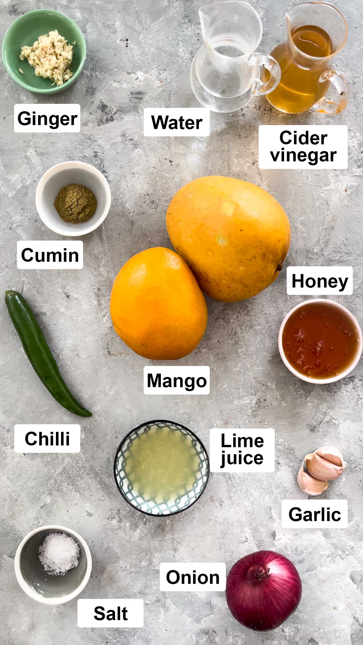 All the ingredients needed to make this hot sauce are laid out across a grey table.