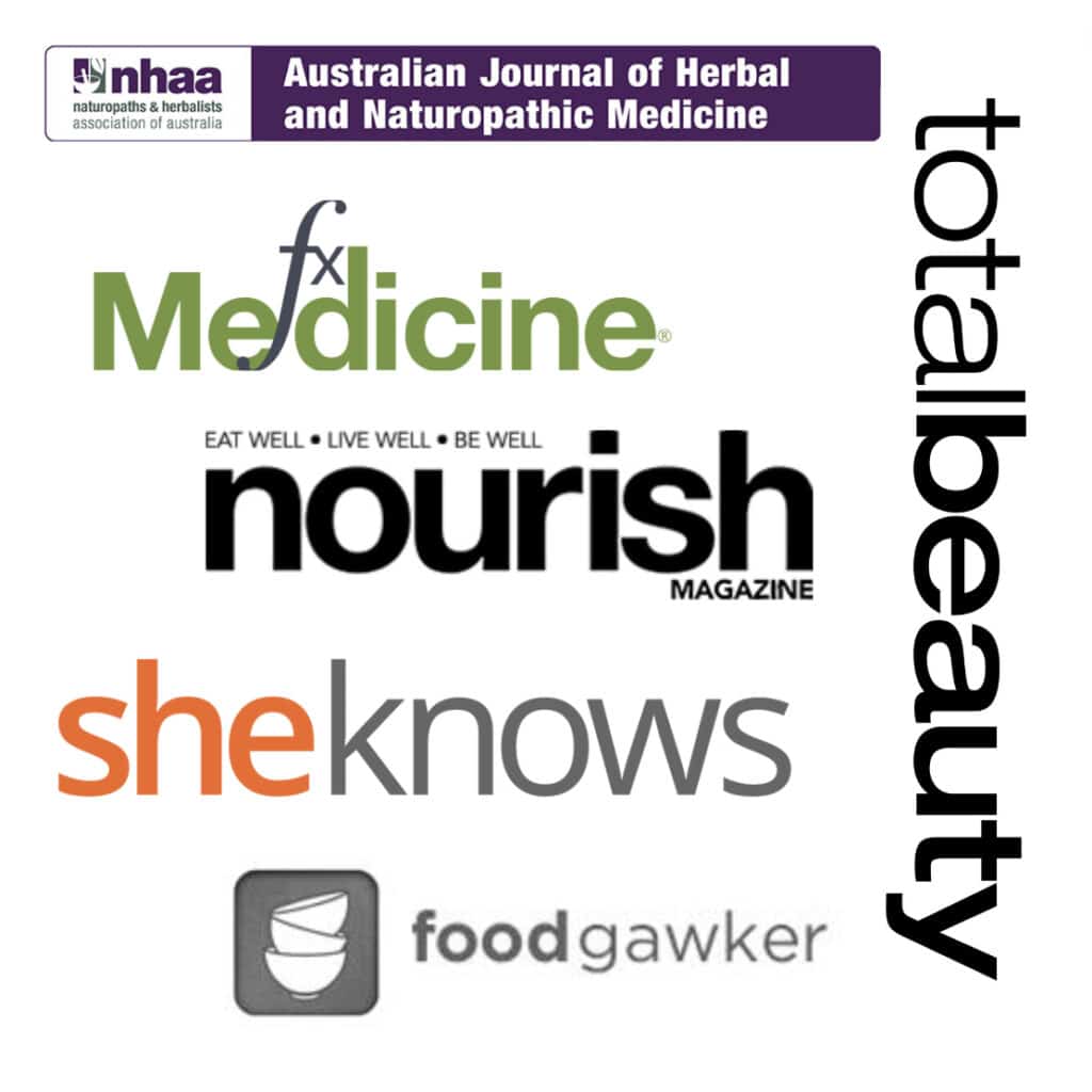 Logos for AJHNM, FX Medicine, Nourish Magazine, She Knows, Food Gawker, and Total Beauty.