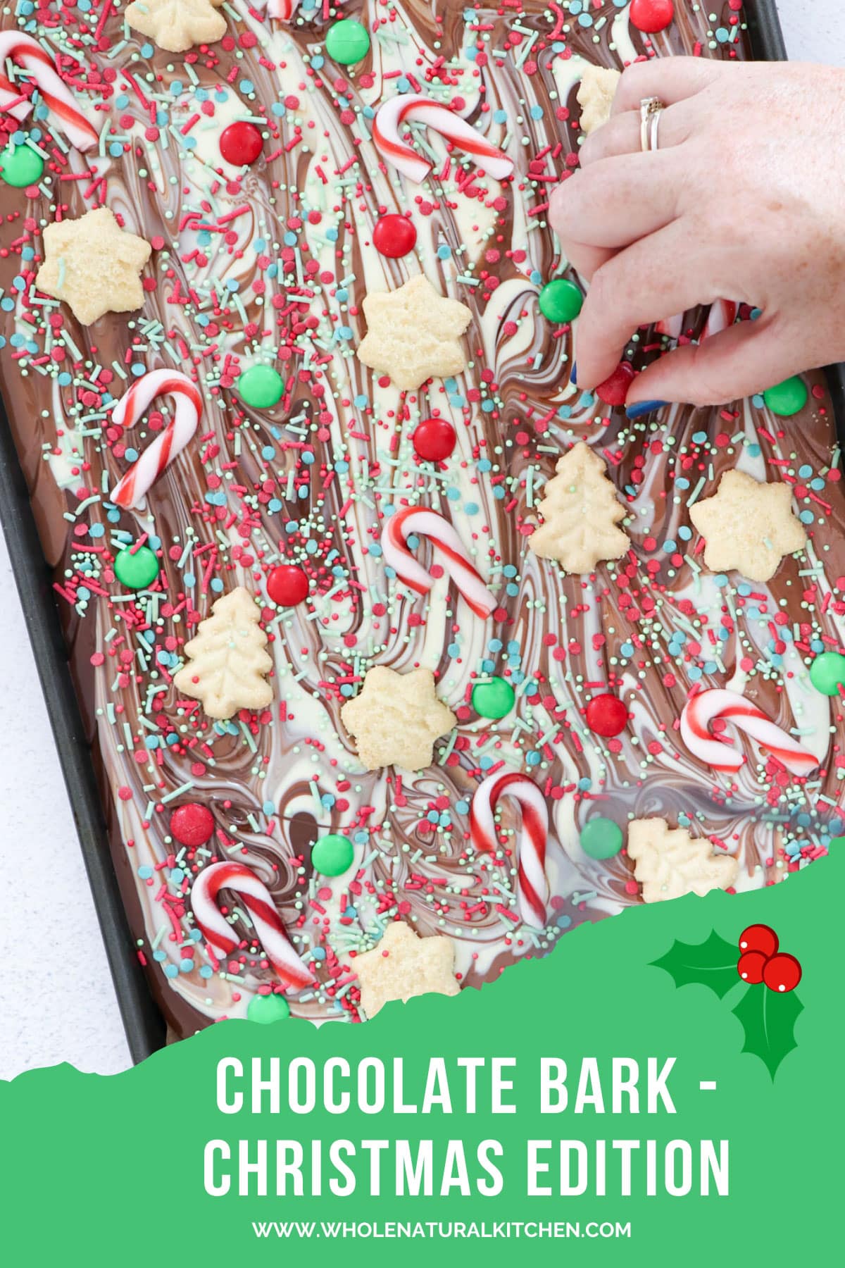 Pinterest poster showing the decorated chocolate bark at the top and the name of the recipe and website underneath.