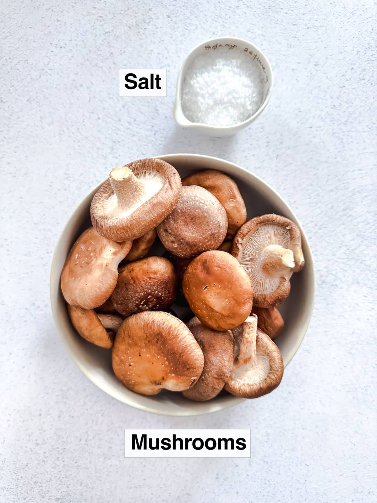 A bowl of mushrooms and a smaller bowl of white salt are sitting on a kitchen bench.
