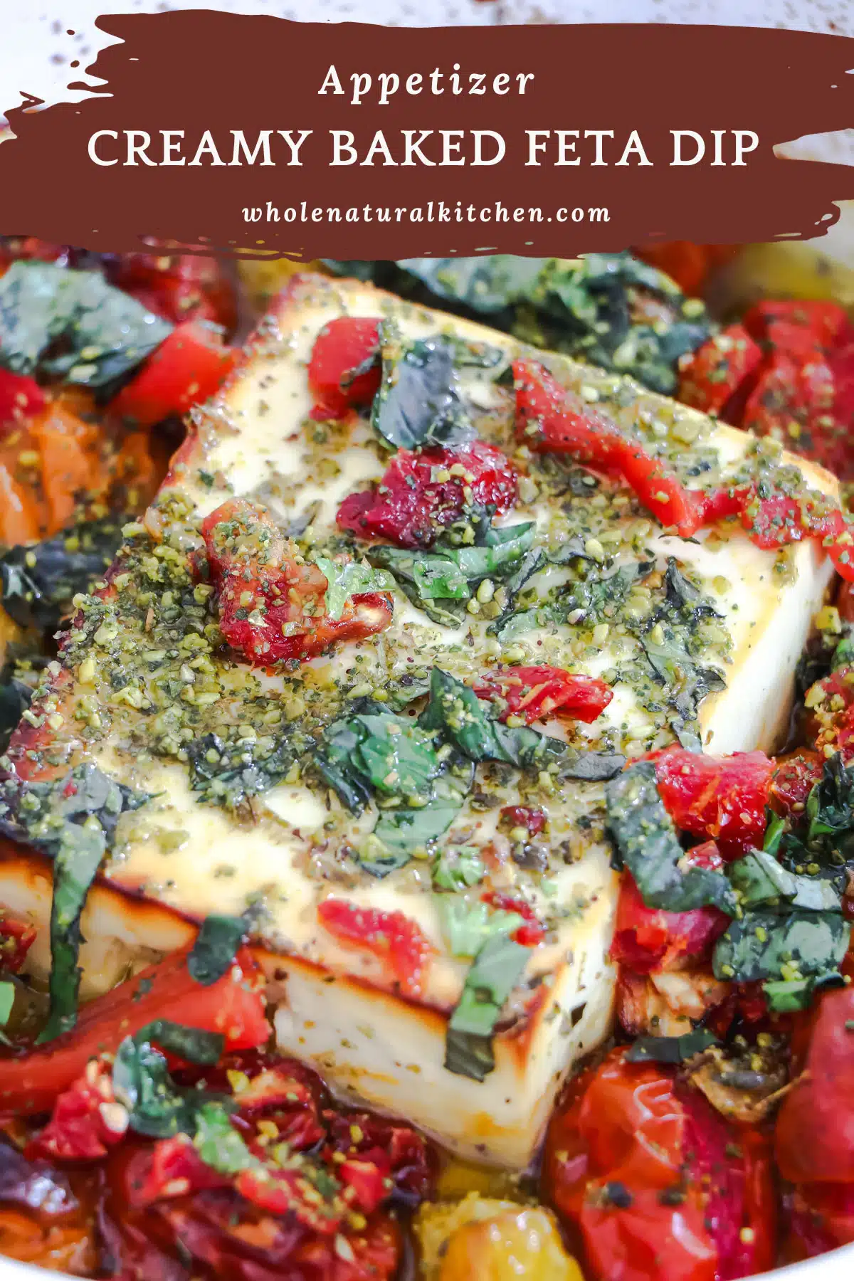 A Pinterest poster showing the name of the recipe and the website at the top with a closeup of the baked feta dip underneath.