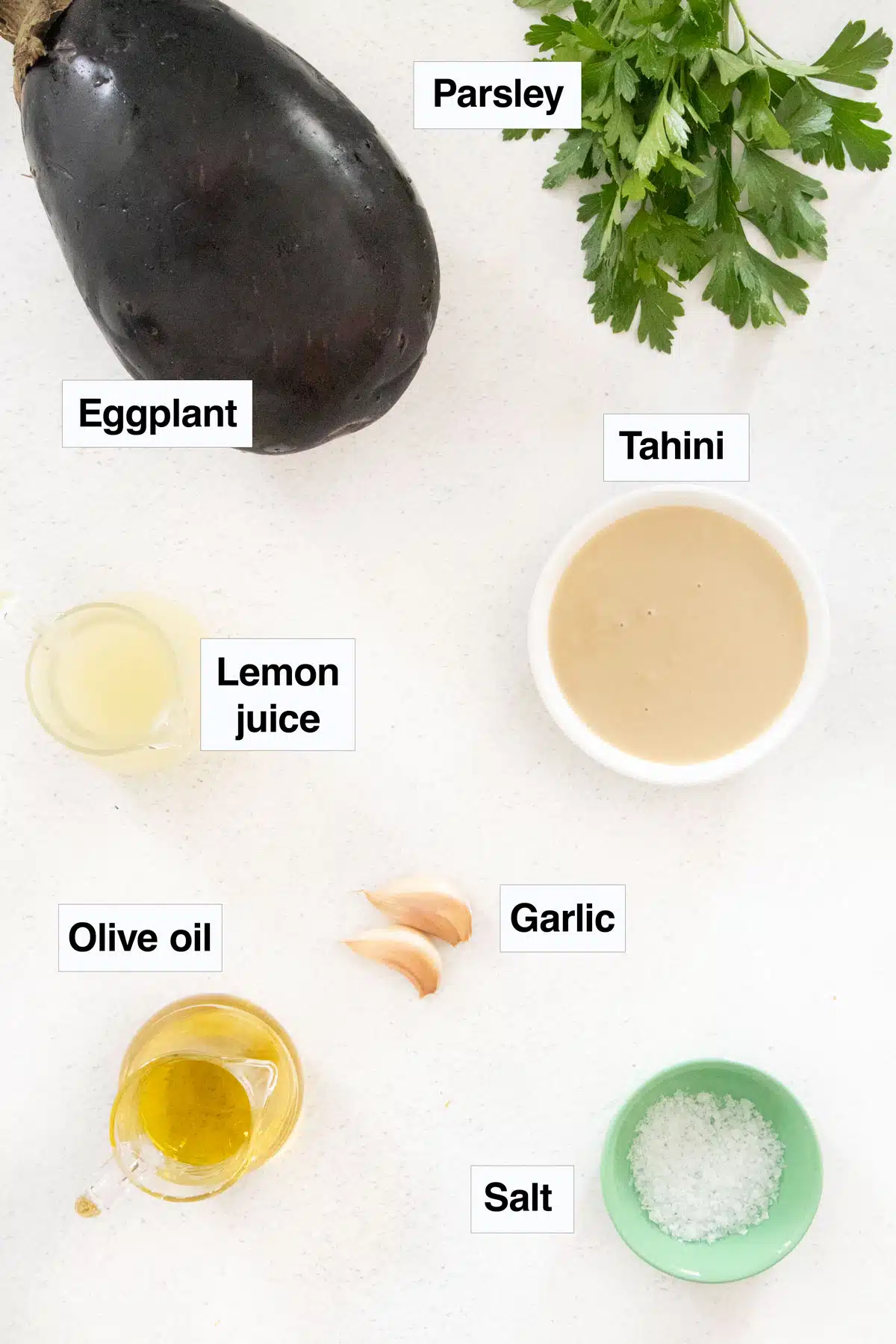 All the ingredients needed to make an eggplant dip / baba ganoush are laid out across a table in various jugs and bowls.