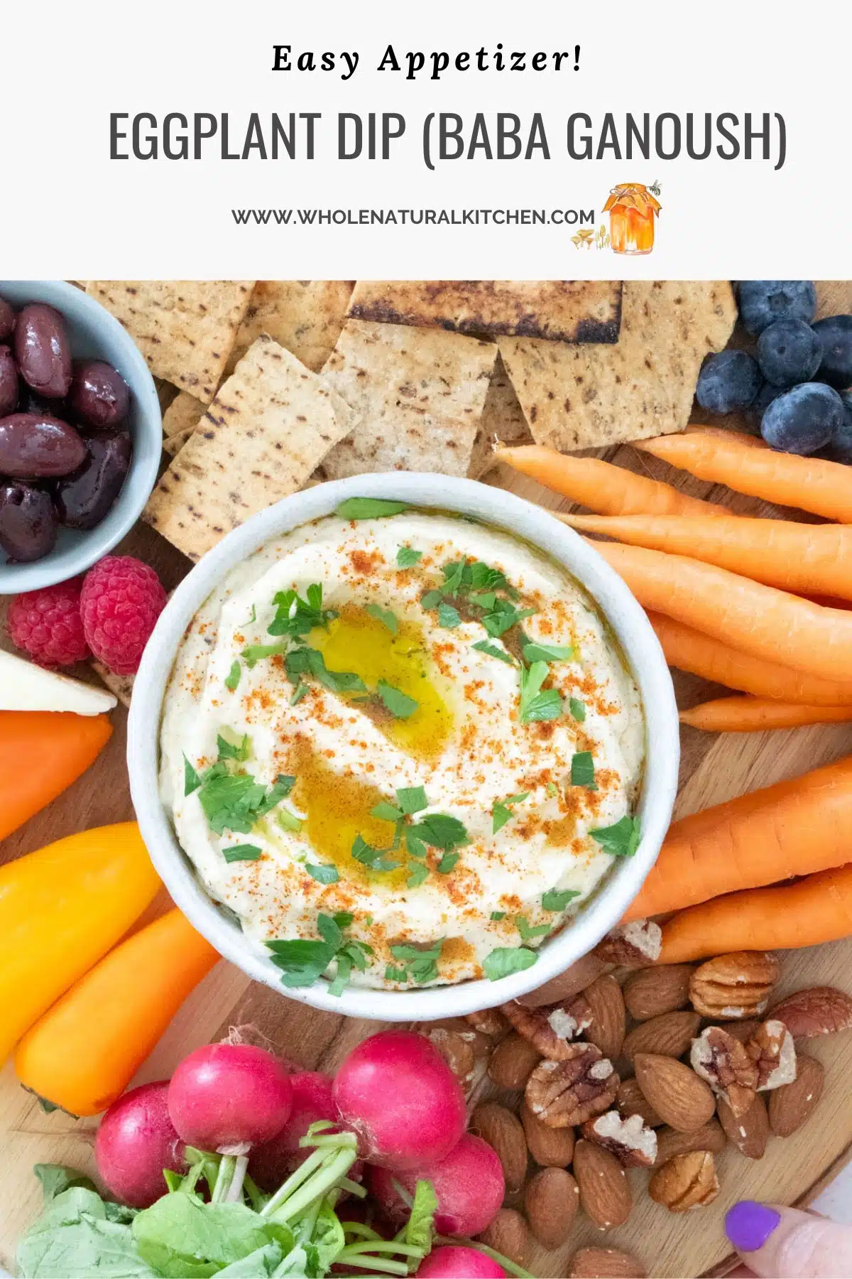 A Pinterest poster showing the name of the recipe and website at the top with the eggplant dip on a grazing board below.