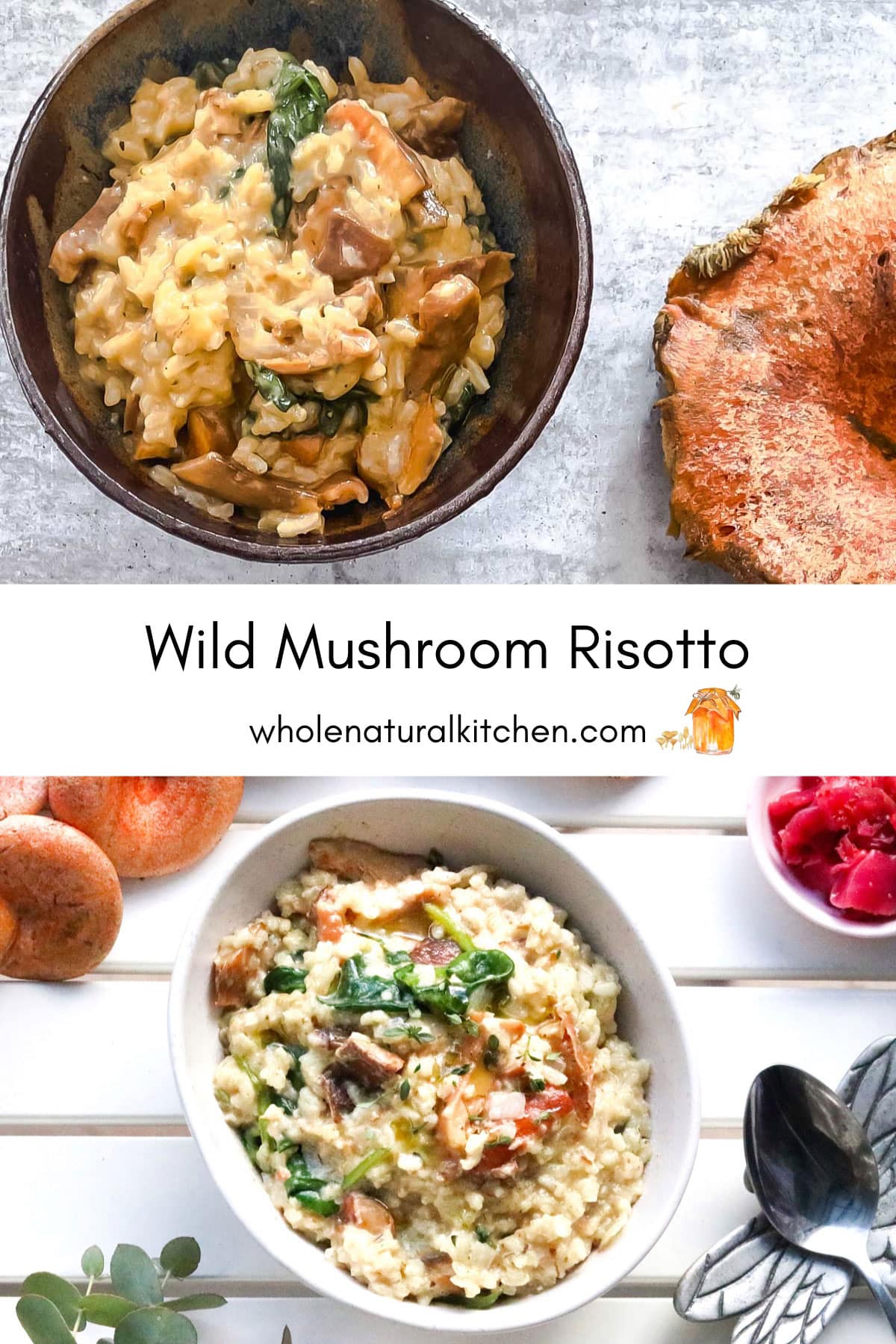 A Pinterest Poster with a plate of wild mushroom at the top and bottom and the name of the recipe plus website in the middle.