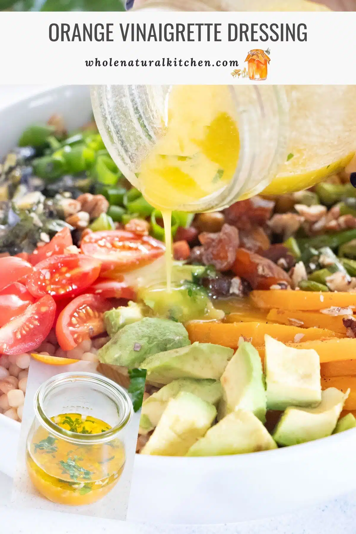 A Pinterest poster with the name of the recipe and the website at the top and a jar of orange vinaigrette below.