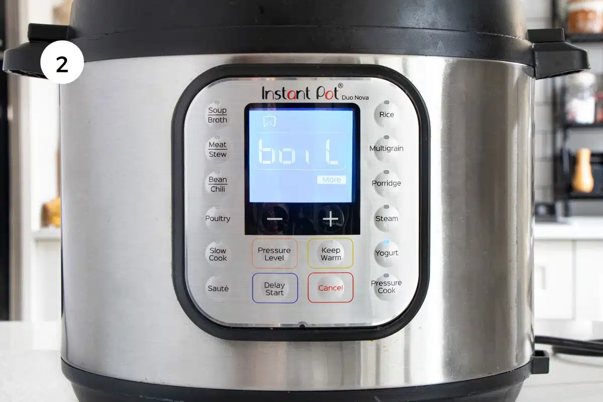 The word boil is showing on the screen of an instant pot and the yogurt button is lit up.