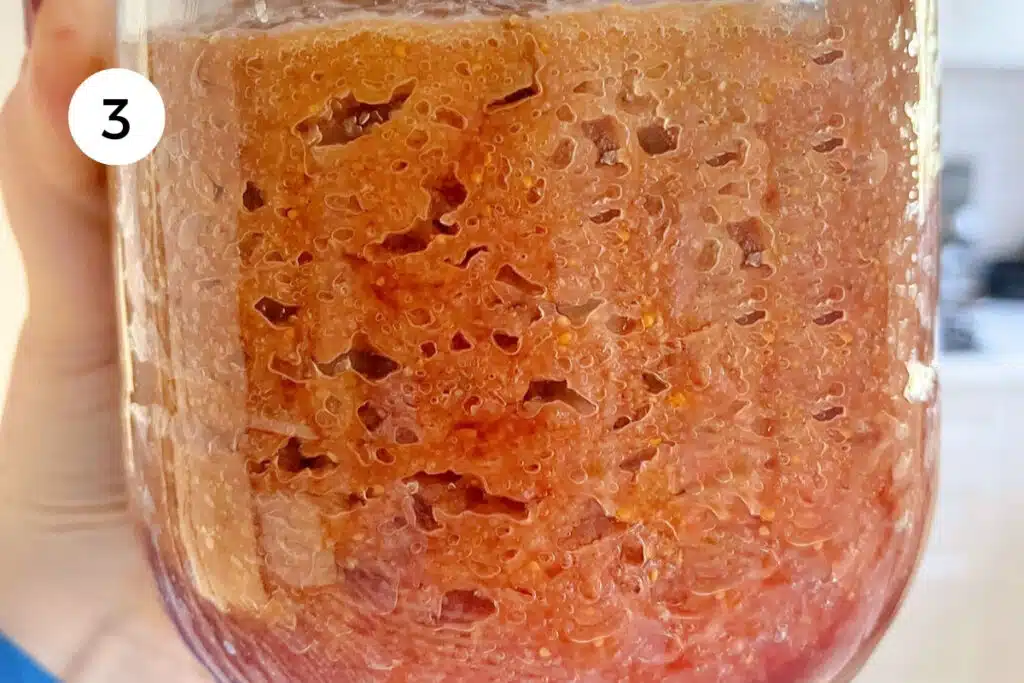 A white hand is holding up a jar filled with fermented fig puree.