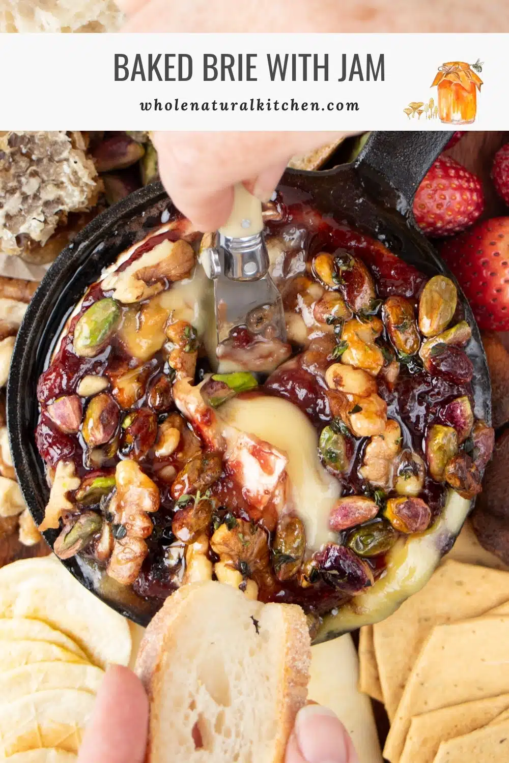 Pinterest poster with the recipe and website name above and a small skillet with baked brie and jam below.