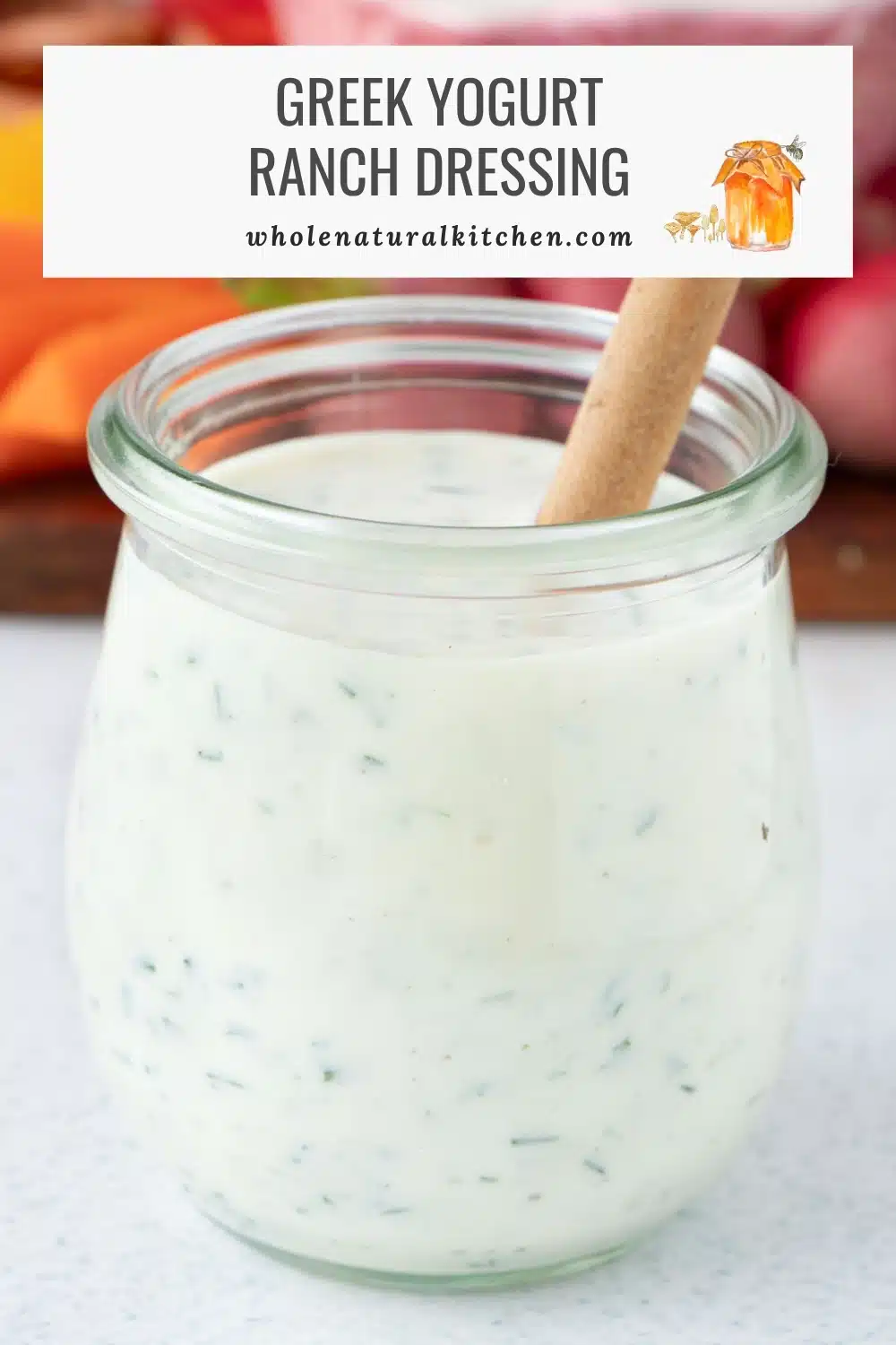 Pinterest poster with the recipe and website name above and a jar of dressing below.