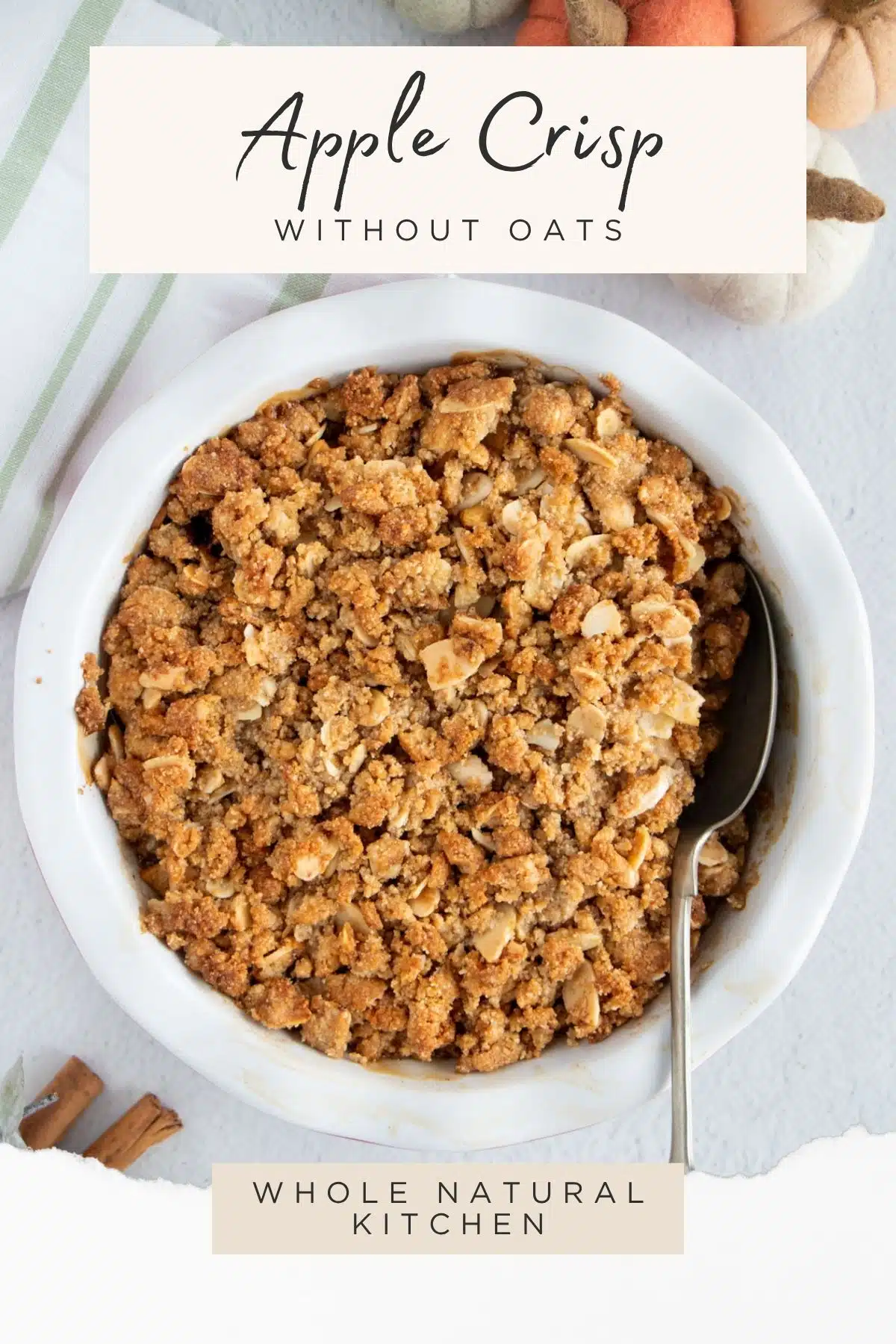 Pinterest poster with the recipe name above, website name below, and a golden apple crisp in the centre.