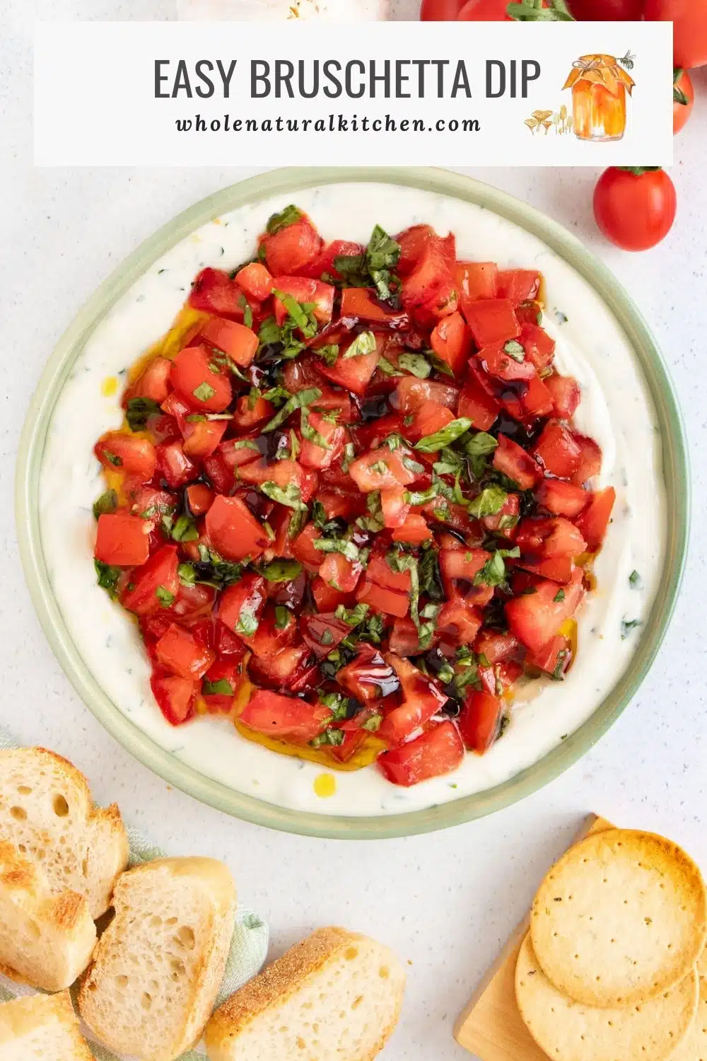 Pinterest poster with the recipe and website name above and a bowl of Bruschetta Dip below.