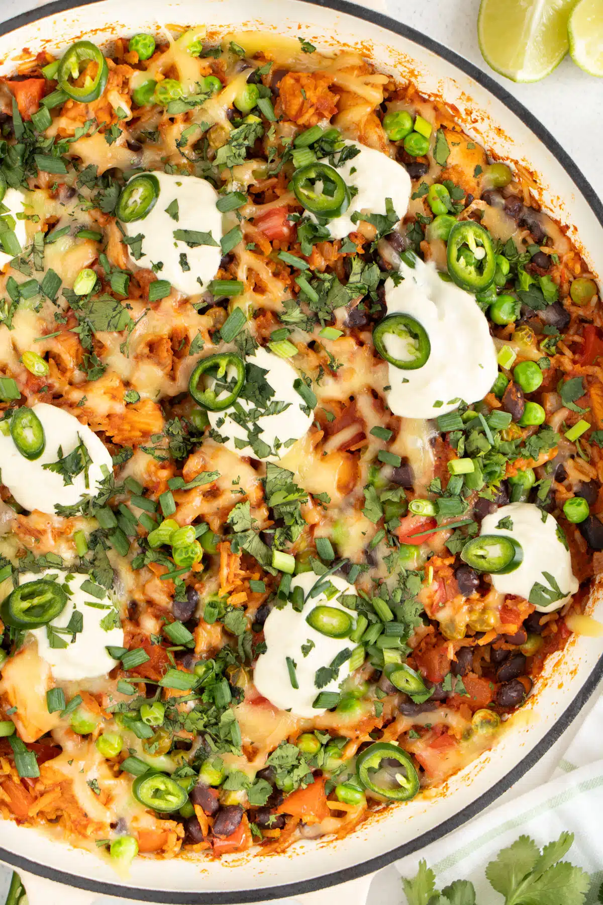 Close up of a big pot of cooked chicken and rice covered in cheese, sour cream, and chopped herbs.