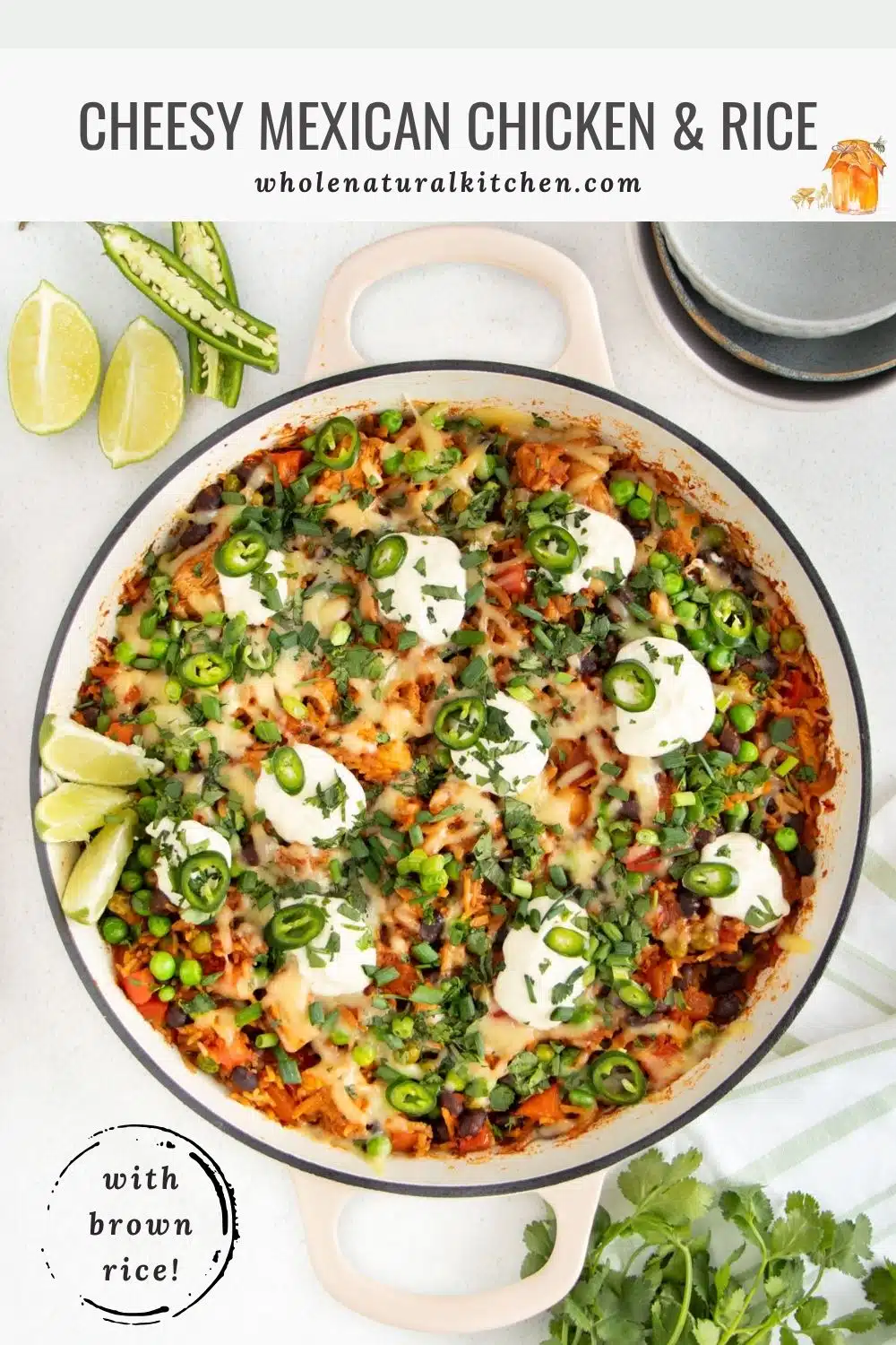 Pinterest poster with the recipe and website name above and a pan of Cheesy Mexican Chicken And Rice below.